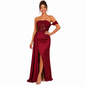 Faeriesty Evening Gown Small Red Beaded Sequin Strapless Dress Wedding Party